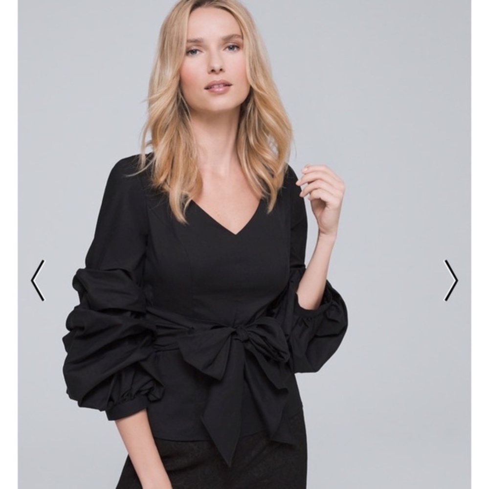 White House Black Market~Black Cotton Puffy Long Sleeve Blouse~Tie Waist~Size 0